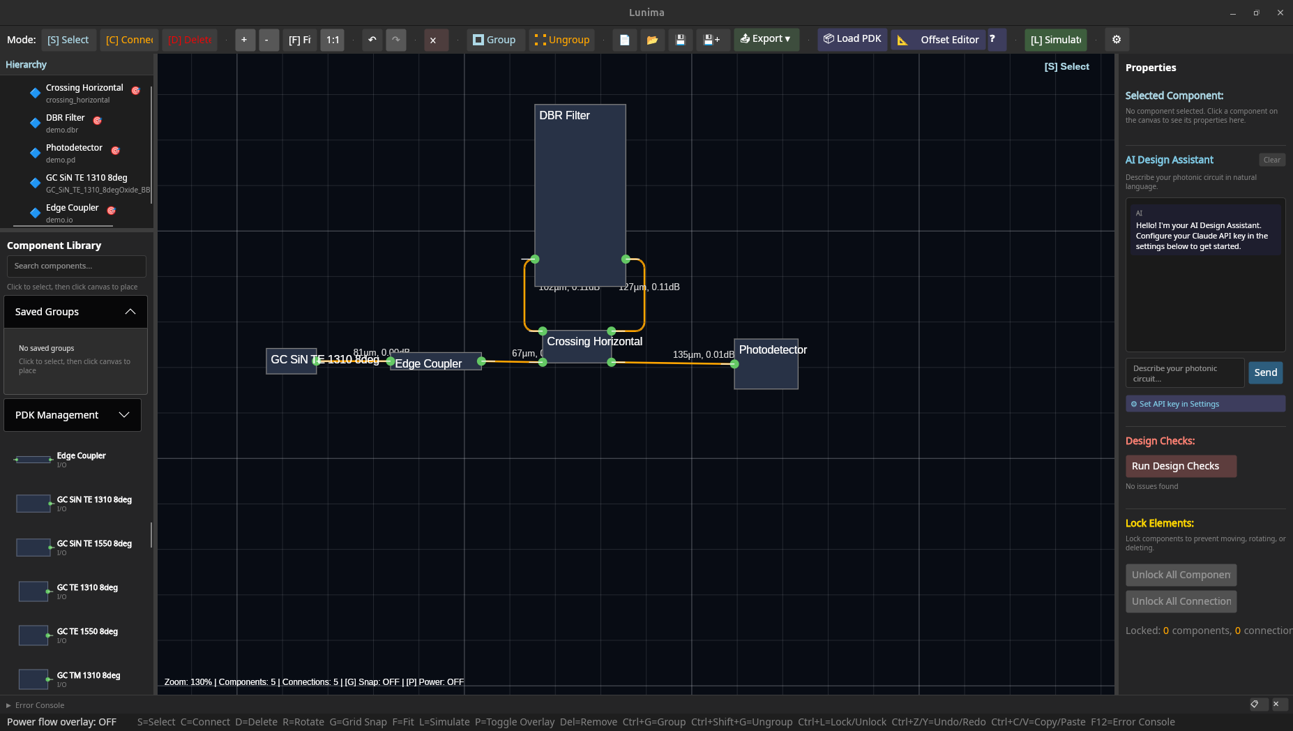 Qfactr component library panel with PDK components placed on the layout canvas